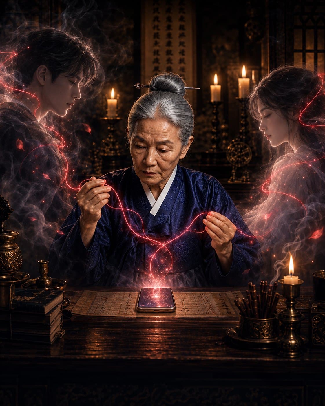 붉은 실로 두 사람의 대화를 잇는 만신 할매